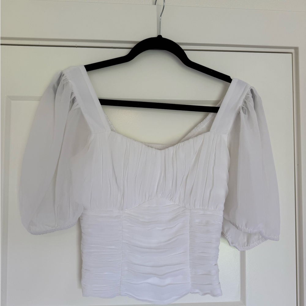 Abercrombie & Fitch White Ruched Puff Sleeve Blouse